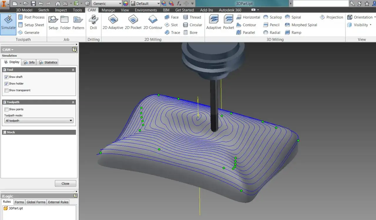 Simulazione di un percorso utensile su un pezzo con fresa **cnc**.