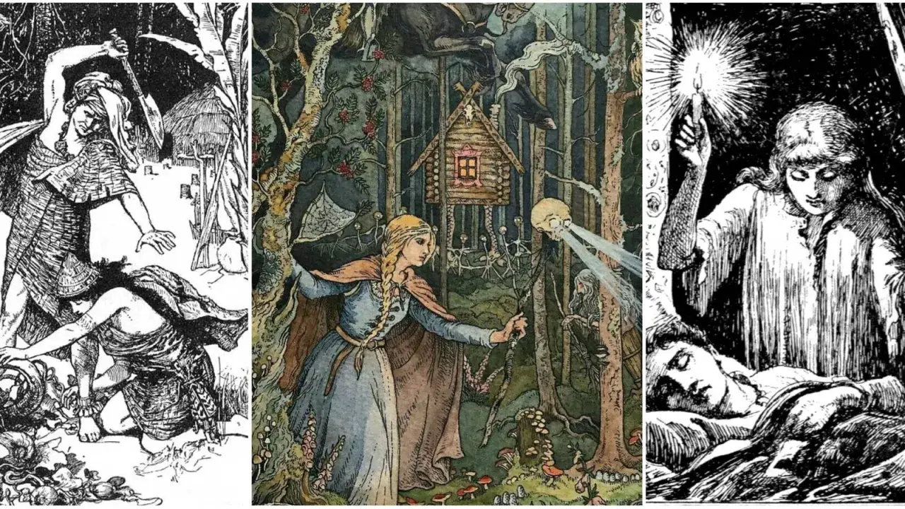 Ilustracje przedstawiają sceny z mitycznych opowieści: walkę, leśną chatkę z magicznymi stworzeniami i dziewczynę z płonącą świecą nad śpiącym.