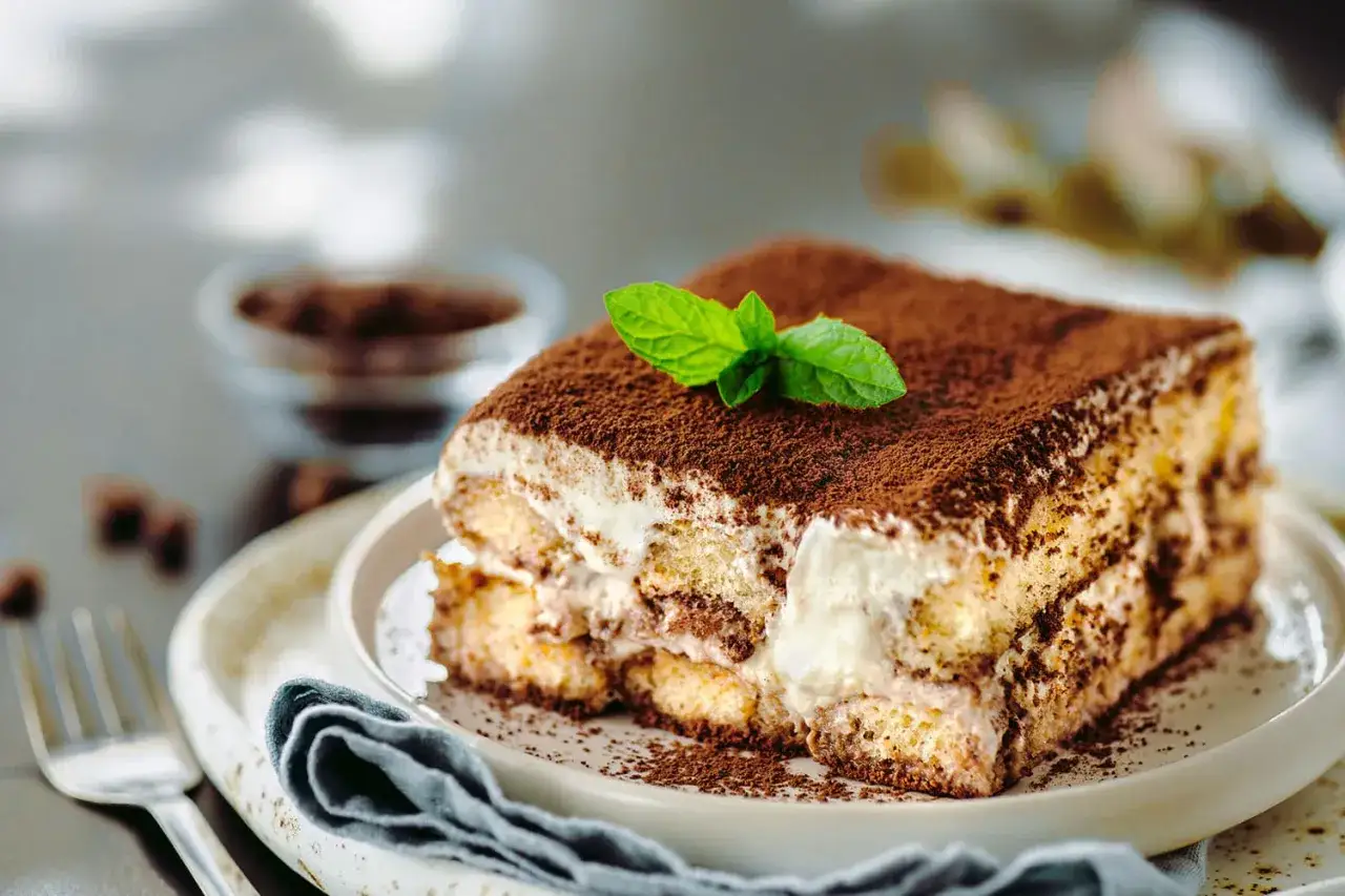 Une part de tiramisu, avec ses couches de biscuit pour tiramisu imbibé et de crème, saupoudrée de cacao et décorée d'une feuille de menthe.