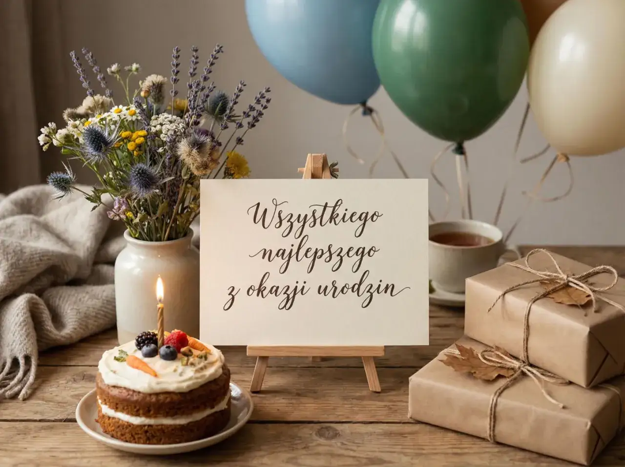 Uroczy tort, bukiet kwiatów i balony tworzą fajne życzenia dla mężczyzny.