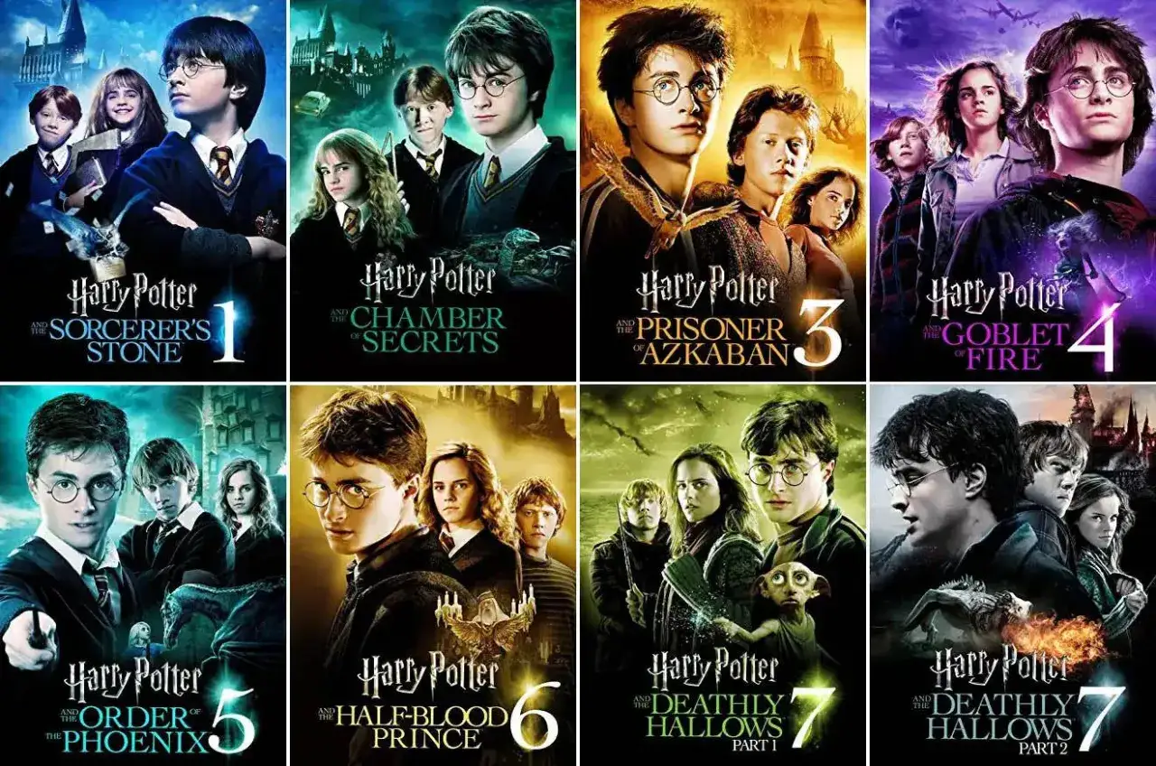 Plakaty filmów z serii Harry Potter: Kamień Filozoficzny, Komnata Tajemnic, Więzień Azkabanu, Czara Ognia, Zakon Feniksa, Książę Półkrwi, Insygnia Śmierci cz. 1 i 2.