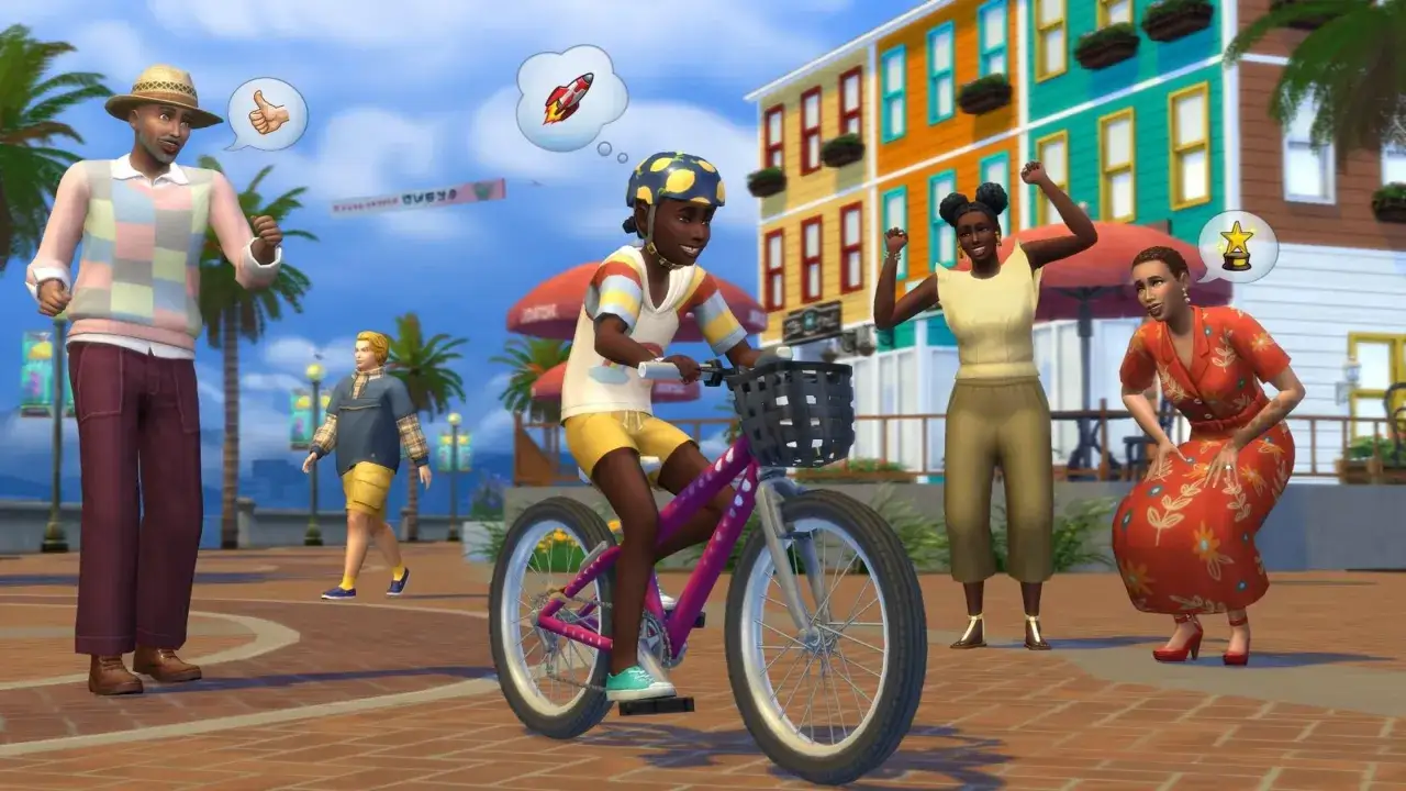 Radość z jazdy na rowerze w The Sims 4 Razem Raźniej! Dzieci ścigają się, dorośli kibicują.