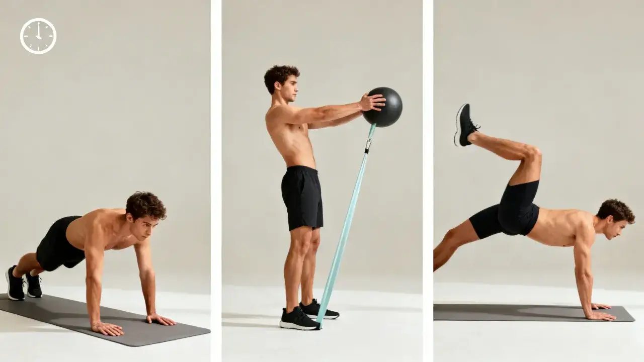 Homme en plein exercice de gainage : planche, tirage avec ballon et élastique, puis planche avec jambe levée.