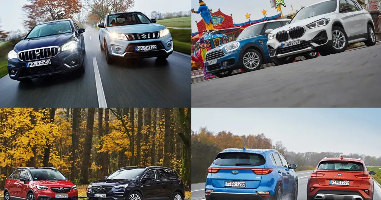 Różne samochody typu crossover: Suzuki Vitara, Mini Countryman, BMW X1, Opel Crossland X, Opel Grandland X i Kia XCeed. Crossover co to? To wszechstronne auta miejskie.