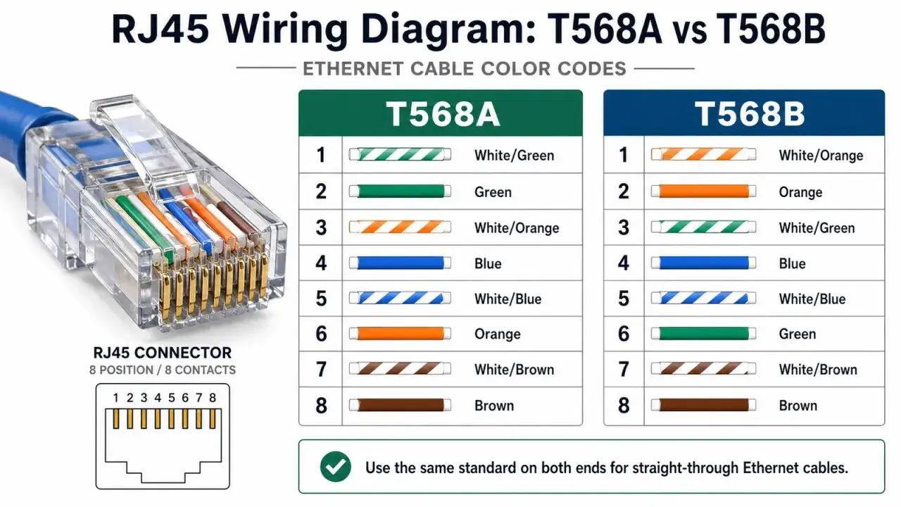 RJ45-Stecker mit Farbcode-Diagramm f&uuml;r T568A und T568B. Zeigt die Verdrahtung von Ethernet-Kabeln.