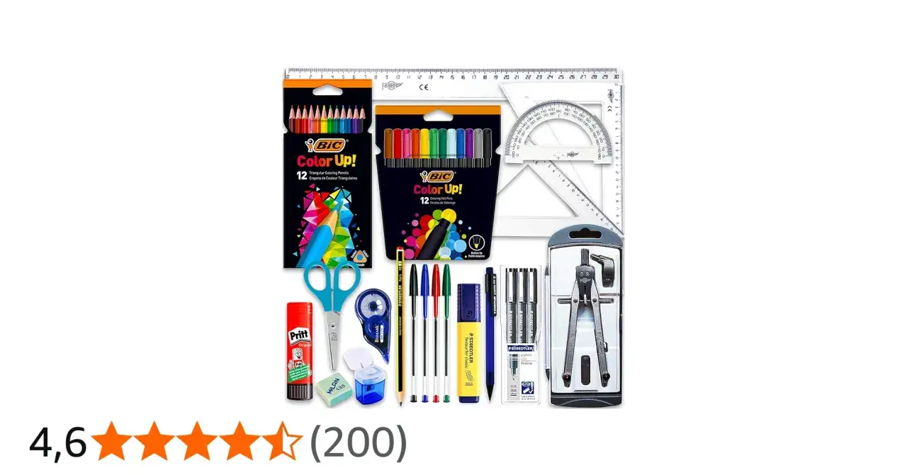 Kit completo de material escolar para 1&ordm; de ESO: l&aacute;pices de colores, rotuladores, bol&iacute;grafos, tijeras, pegamento, goma, sacapuntas, reglas y comp&aacute;s.