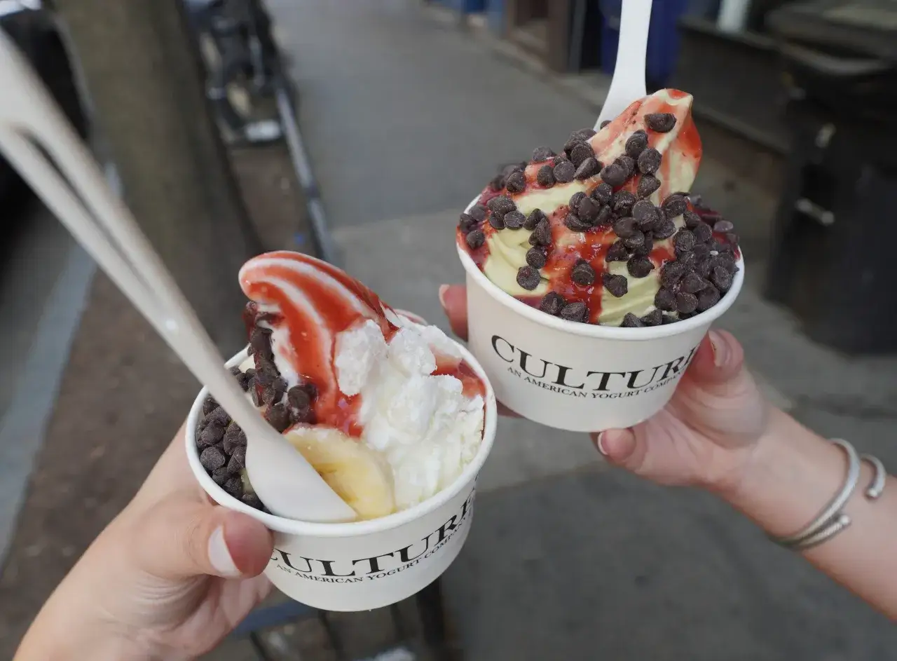 Zwei Becher mit leckerem Frozen Joghurt, garniert mit Erdbeersauce und Schokostückchen. Ein tolles Rezept für heiße Tage!