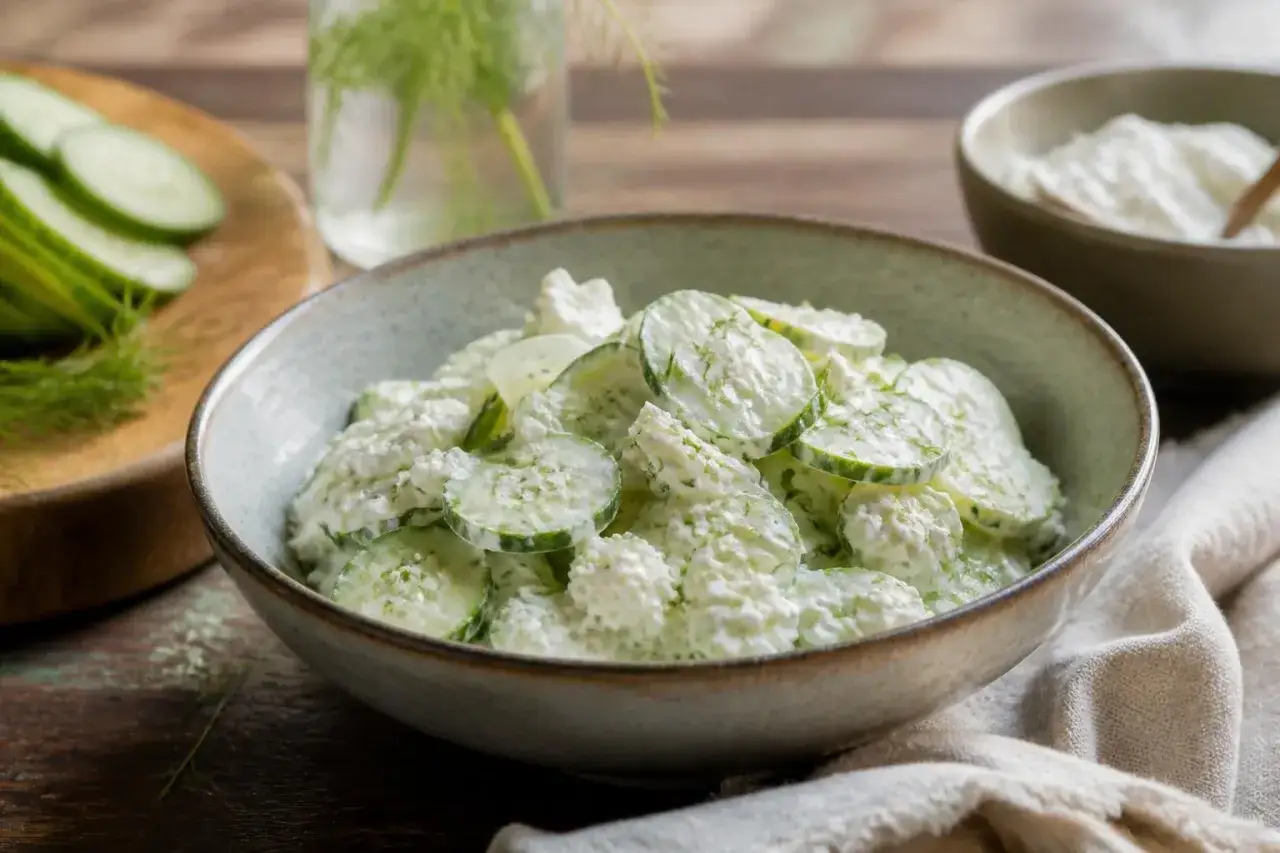 Cremiger Gurkensalat, perfekt für ein leichtes Mittagessen. Dieses Gurkensalat Rezept ist einfach und erfrischend.