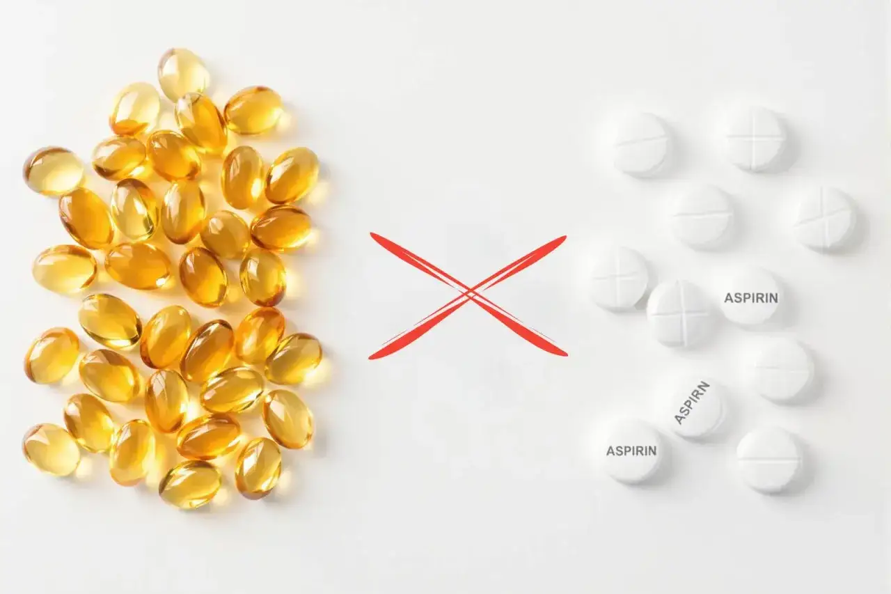 Żółte kapsułki omega-3 po lewej, białe tabletki aspiryny po prawej, przekreślone czerwonym X. Uważaj na przedawkowanie omega-3.