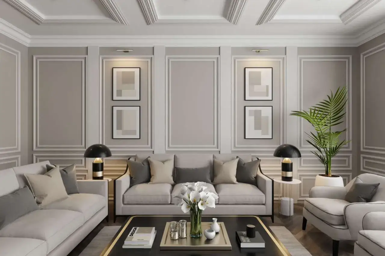 A living room showcasing contemporary furniture styles with plush sofas, modern art, and elegant lighting.