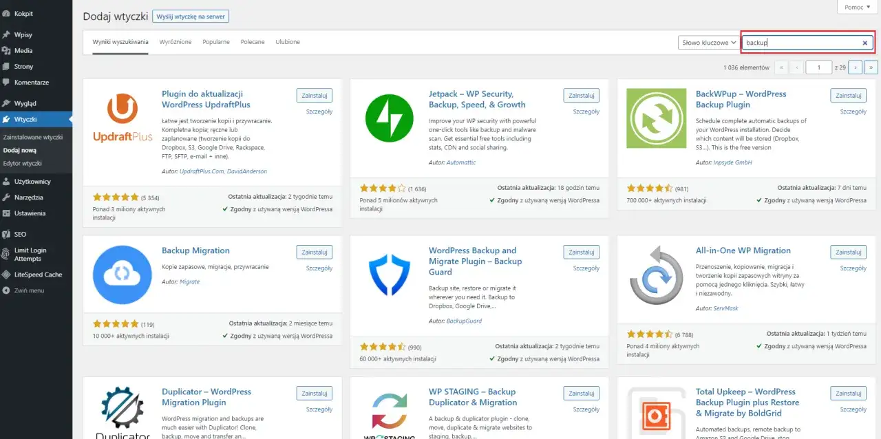 Wtyczki WordPress do tworzenia kopii zapasowych: UpdraftPlus, Jetpack, BackWPup, Backup Migration, WordPress Backup and Migrate Plugin, All-in-One WP Migration, Duplicator, WP STAGING, Total Upkeep.
