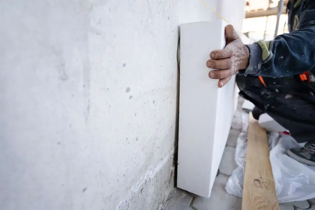 Installazione pannello isolante per la classificazione acustica edifici. Mano di operaio posiziona polistirene su muro grezzo.