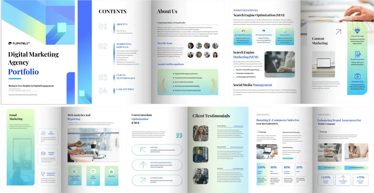 Strony portfolio agencji marketingowej: spis treści, o nas, usługi (SEO, SEM, content marketing), case studies, opinie klientów.