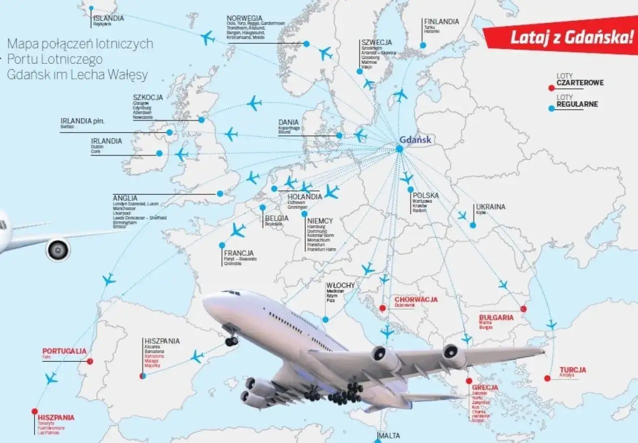 Mapa połączeń lotniczych z Gdańska do Porto i innych miast Europy. Samoloty symbolizują loty czarterowe i regularne.