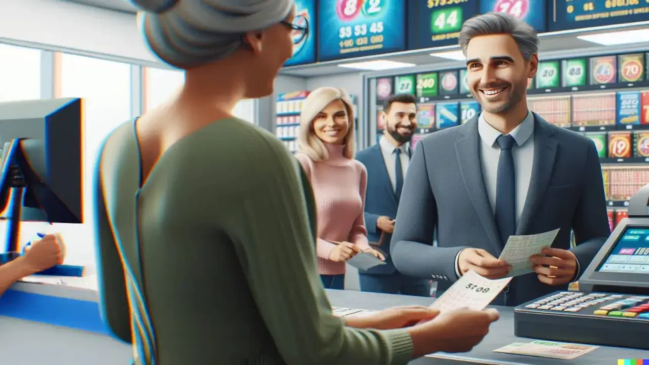 Uśmiechnięty sprzedawca lotto podaje kupon klientce. Zastanawiasz się, ile zarabia pracownik lotto?