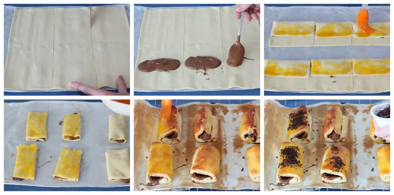 Pasos para hacer napolitanas de chocolate: masa hojaldrada, relleno de chocolate, doblado, horneado y espolvoreado.