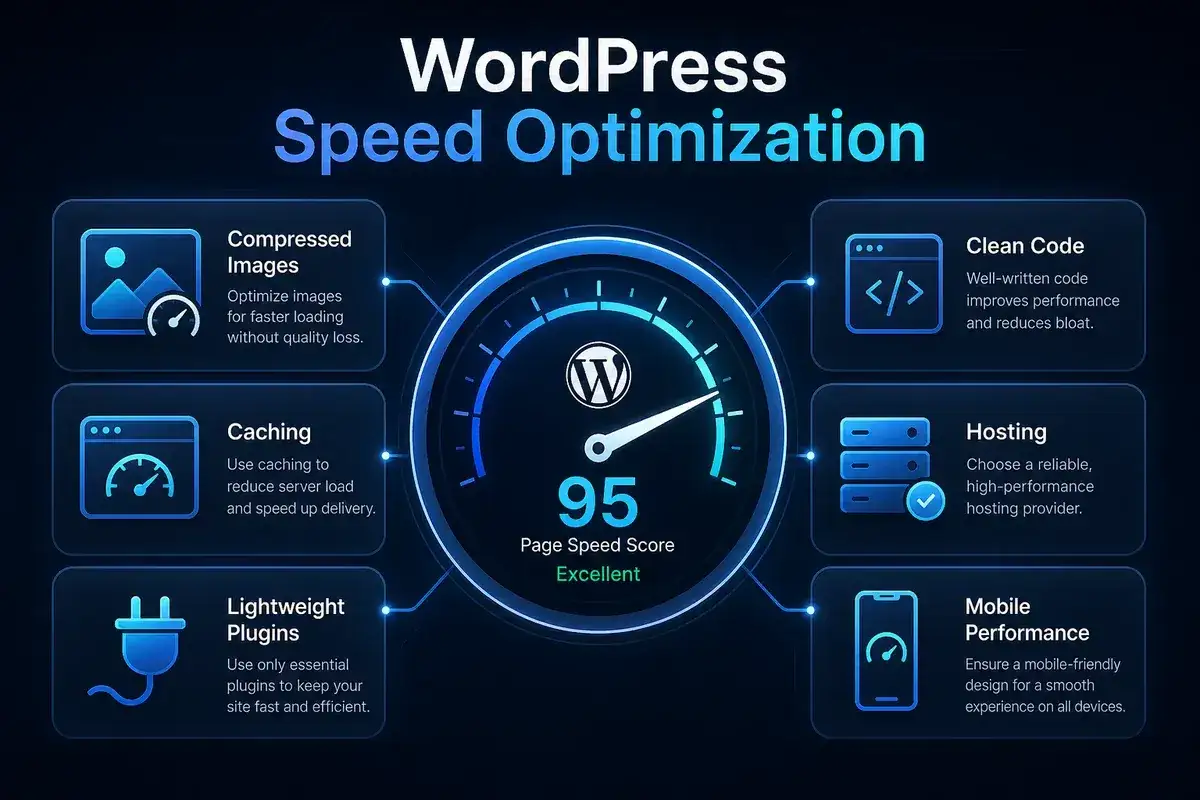 Grafiki na stronę internetową: optymalizacja szybkości WordPress. Wskaźnik pokazuje 95, co oznacza doskonały wynik.