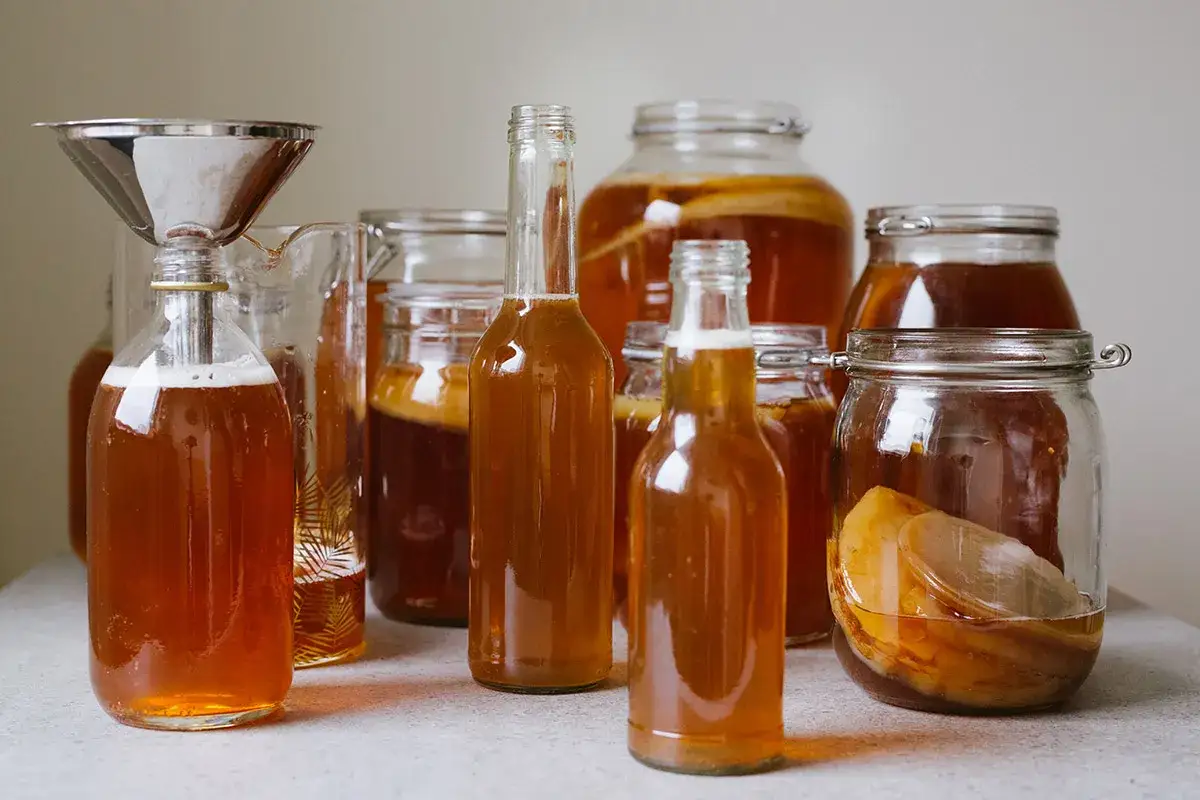 Flera flaskor och burkar med hemgjord kombucha, redo för andra jäsningen. Ett perfekt kombucha recept för hemmabruk.