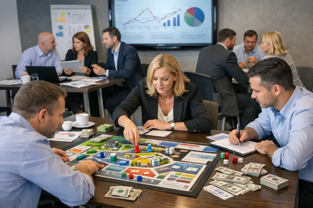 Ludzie grają w grę biznesową, planując strategie i zarządzając finansami.