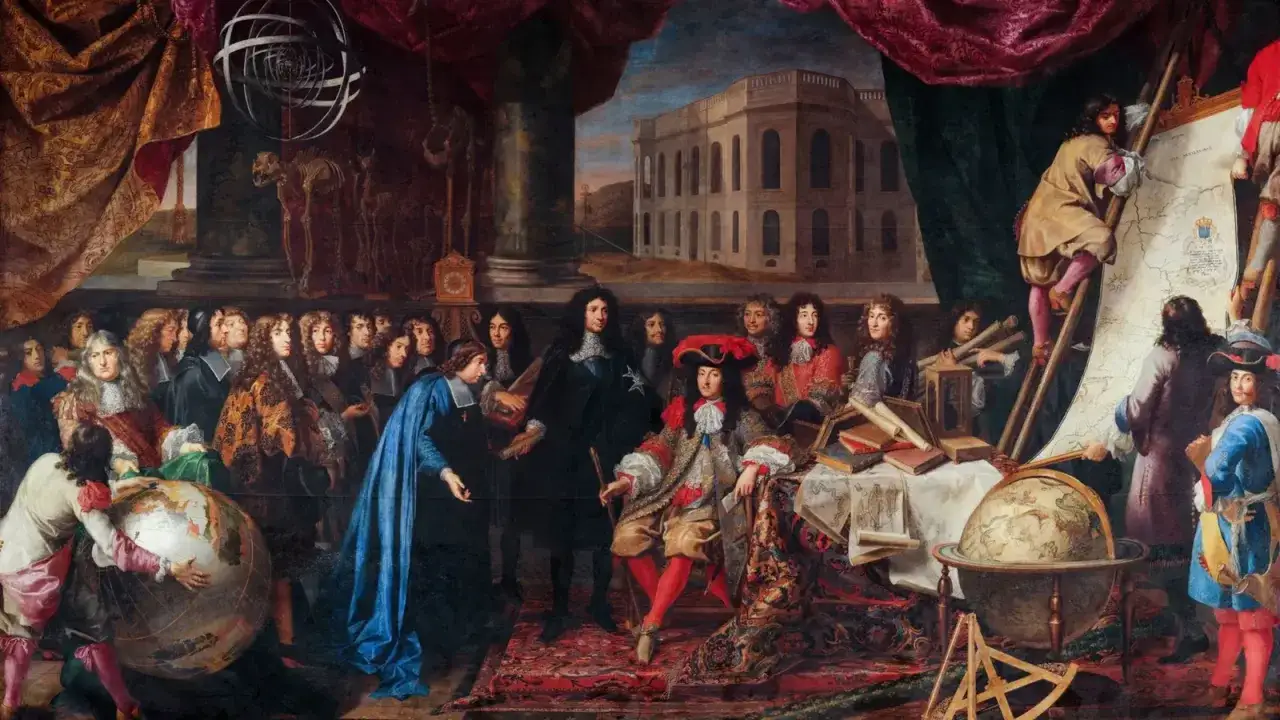Un roi entour&eacute; de savants, dont certains &eacute;tudient des globes et des cartes, &eacute;voquant la qu&ecirc;te de savoir, comme celle de qui a d&eacute;couvert que la terre tourne autour du soleil.