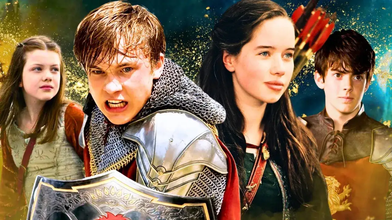 Dzieci z Narnii w zbrojach, gotowe do walki. Edmund z tarczą i zaciętą miną, obok niego Zuzanna z łukiem.