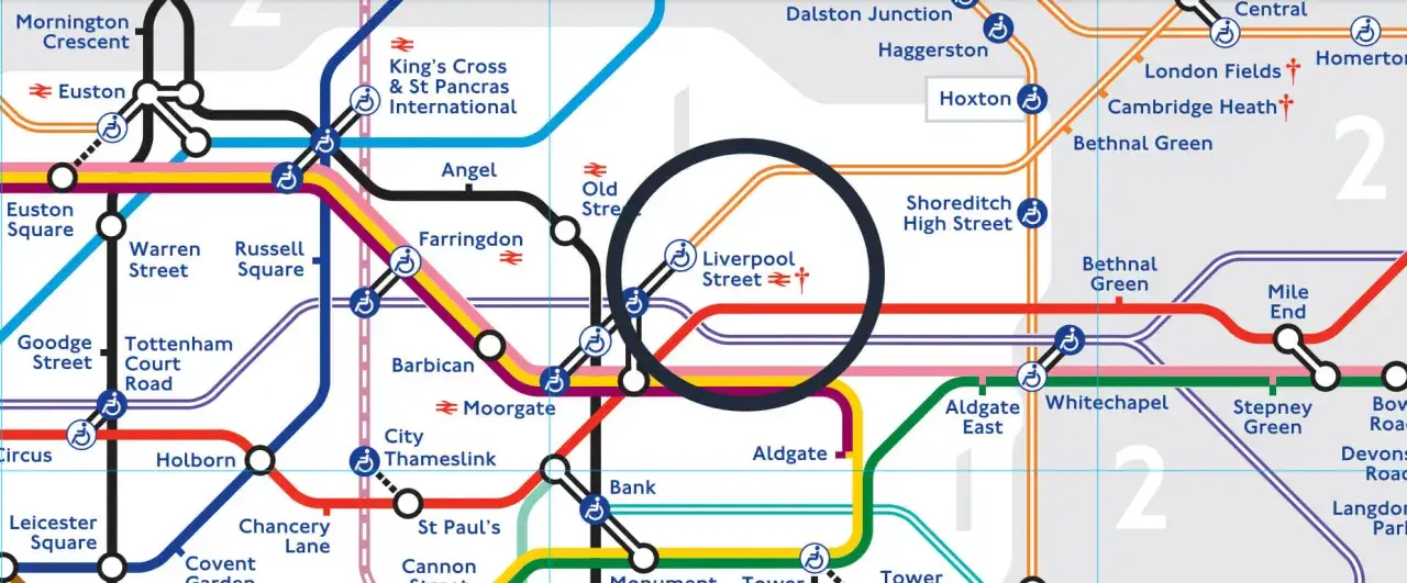 Mapa Liverpool Street Station i 155 Bishopsgate, przystanek National Express
