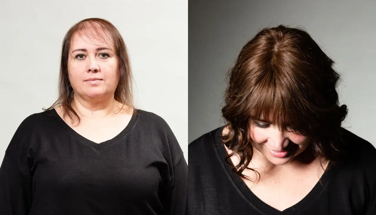 Prima e dopo: una donna con pochi capelli acquista volume e lucentezza, trasformando il suo look con gioia.