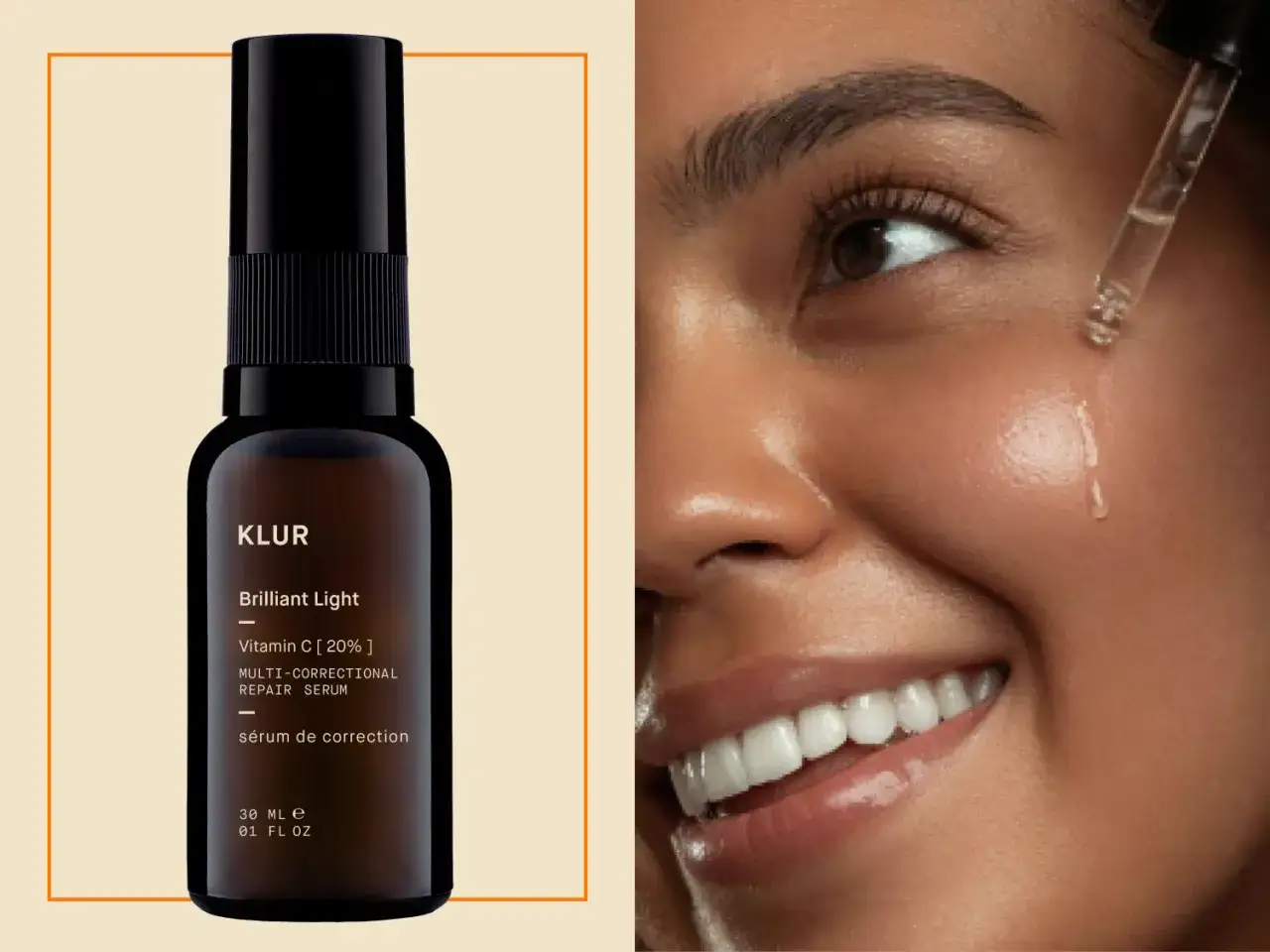 En flaska KLUR Brilliant Light serum med C-vitamin för hudvård appliceras på en leende kvinna.