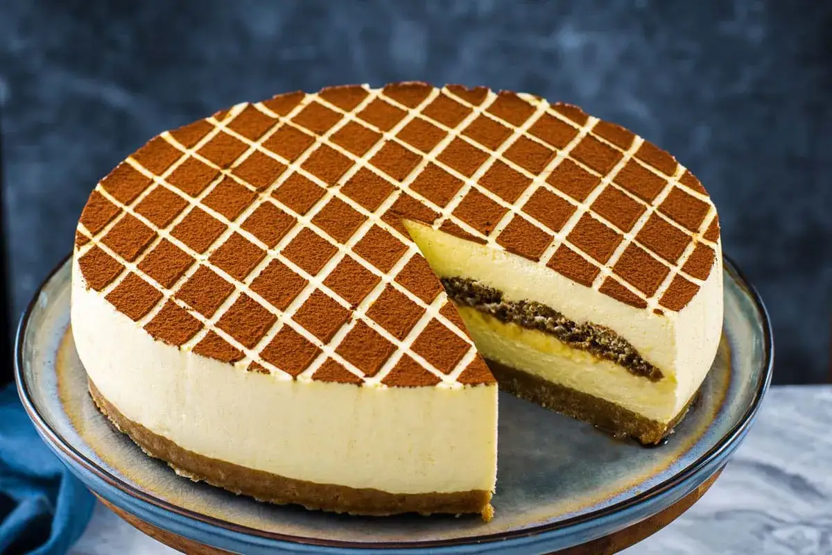 Cheesecake tiramis&ugrave; con decorazione a rombi di cacao. Una fetta &egrave; stata tolta, rivelando gli strati cremosi e il biscotto.