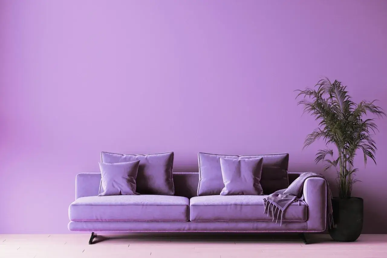 Ein lila Sofa mit Kissen und einer Decke steht vor einer mauvefarbenen Wand. Daneben eine Topfpflanze.