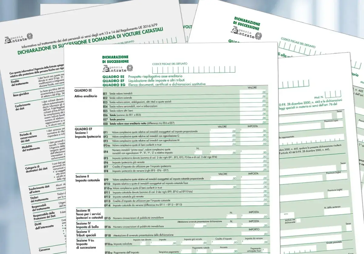 Moduli fiscali per dichiarazione di successione e volture catastali. Il diritto di abitazione e il cambio residenza sono temi correlati.