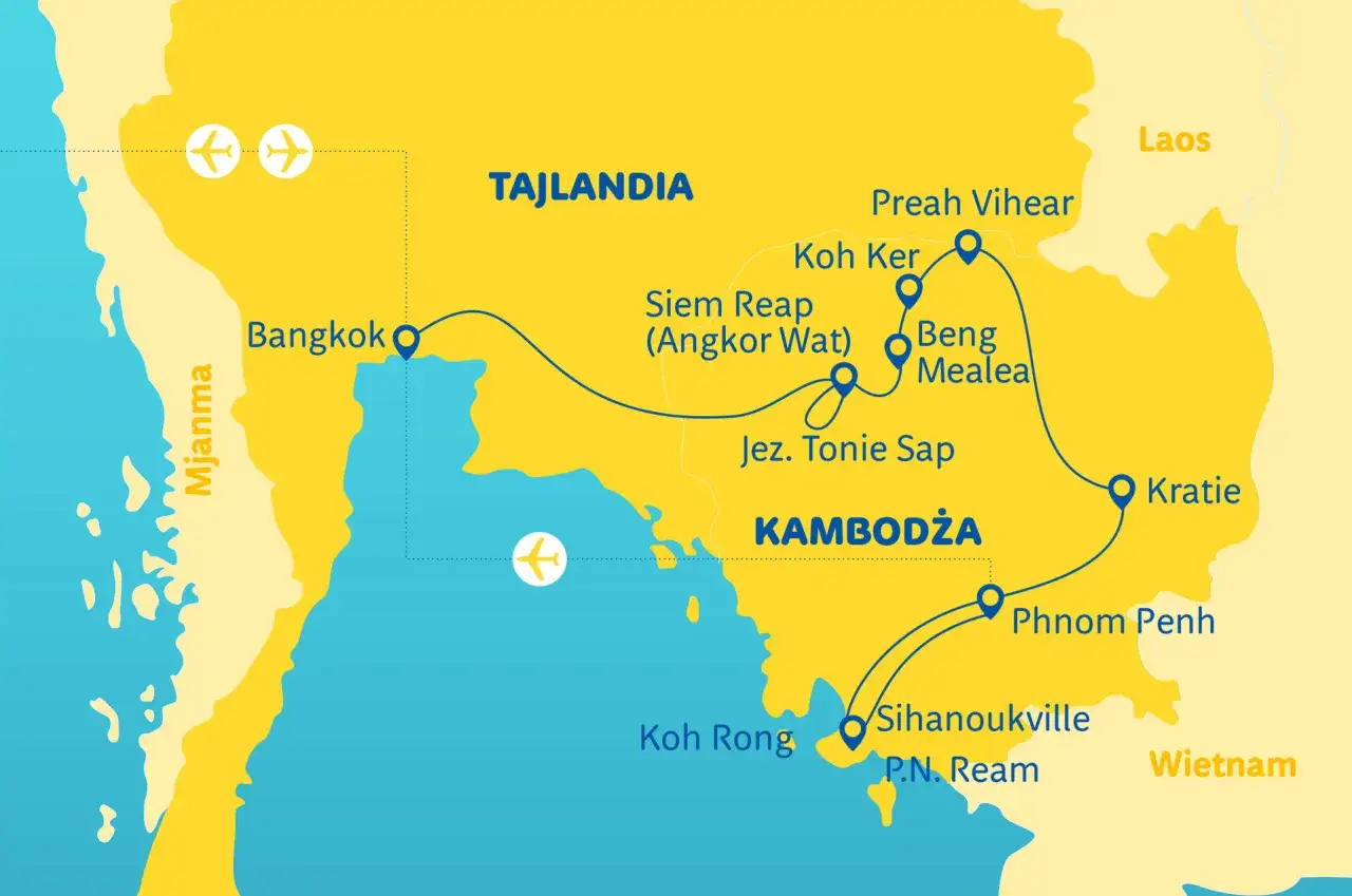 Mapa trasy wycieczki po Kambodży: Bangkok, Siem Reap (Angkor Wat), Jezioro Tonie Sap, Phnom Penh, Sihanoukville, Koh Rong.