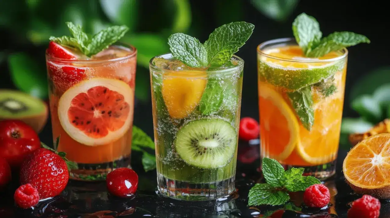 Orzeźwiające drinki z owocami: grejpfrut, kiwi, pomarańcza i truskawki, ozdobione miętą. Idealne na lato.