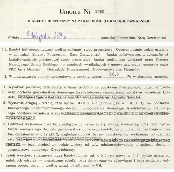 Umowa kredytu hipotecznego, zaznaczone ważne fragmenty