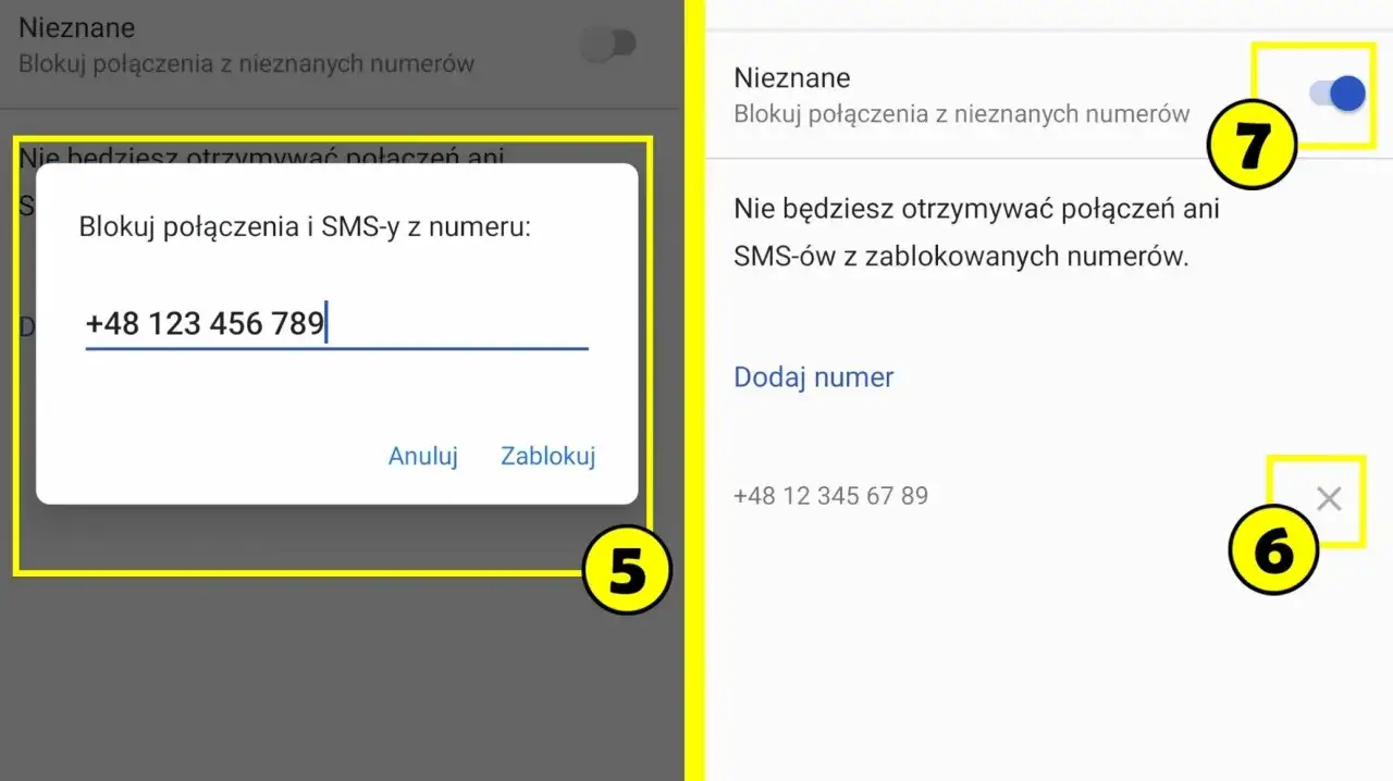 Jak zablokować numer telefonu: wpisz numer, np. +48 123 456 789, i kliknij