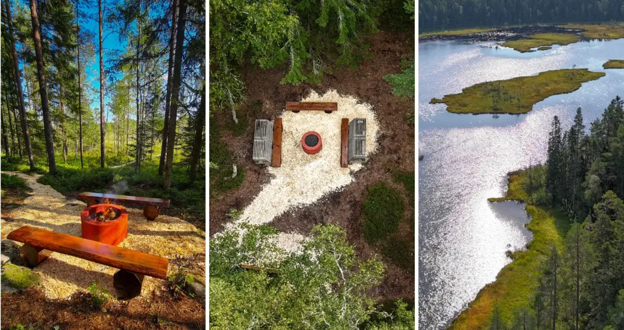 Skogsglänta med eldstad och bänkar, perfekt för ett utflyktsmål i Umeå. Vacker sjö med öar och skog i bakgrunden.