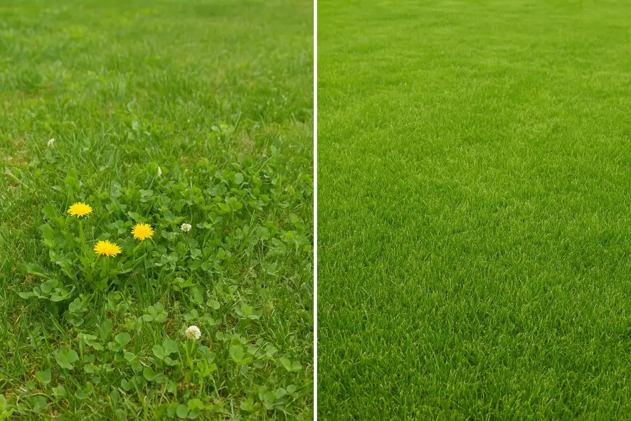 Links: L&ouml;wenzahn und Klee im Rasen. Rechts: Perfekt gepflegter Rasen.
