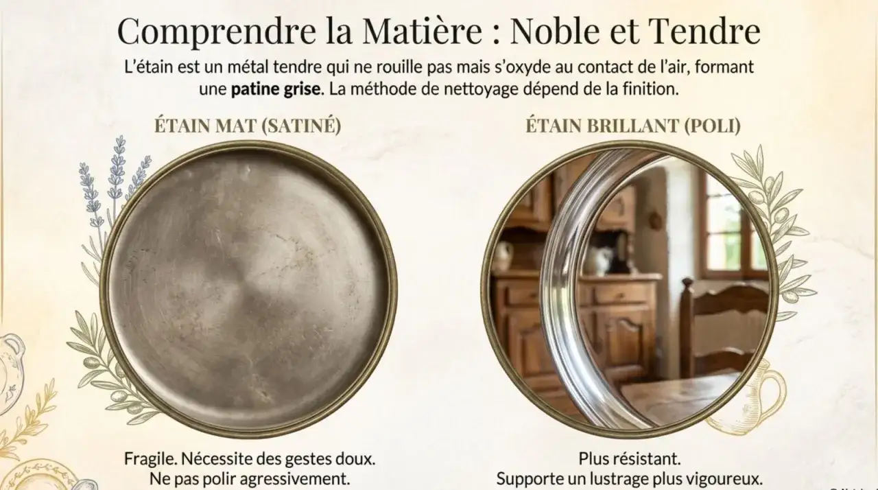 Comparaison d'&eacute;tain mat et brillant. Un produit pour nettoyer l'&eacute;tain doit &ecirc;tre adapt&eacute; &agrave; la finition pour pr&eacute;server sa patine.