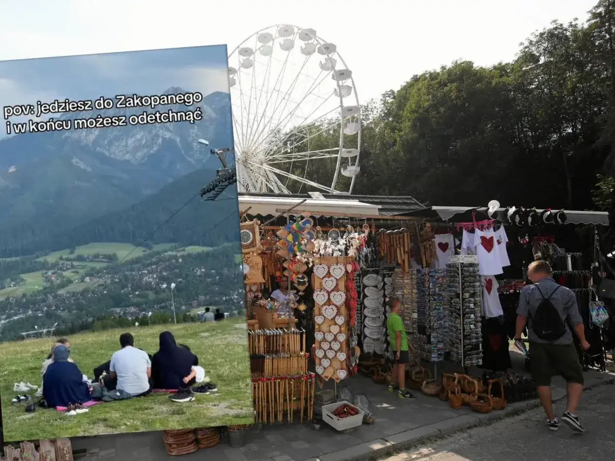 Widok na Zakopane z góry, gdzie odpoczywają arabowie. W tle wesołe miasteczko i stragany z pamiątkami.