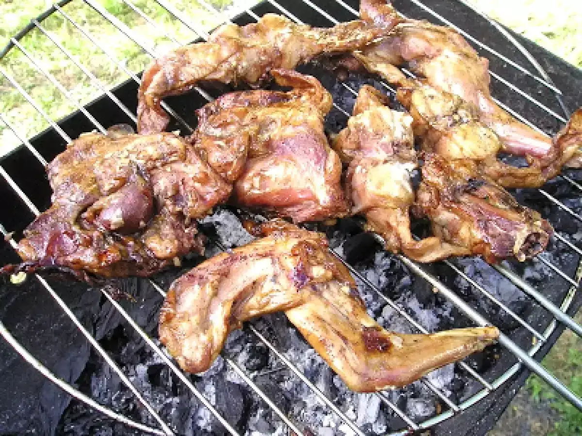 Morceaux de lapin grillés sur un barbecue, prêts à être dégustés.