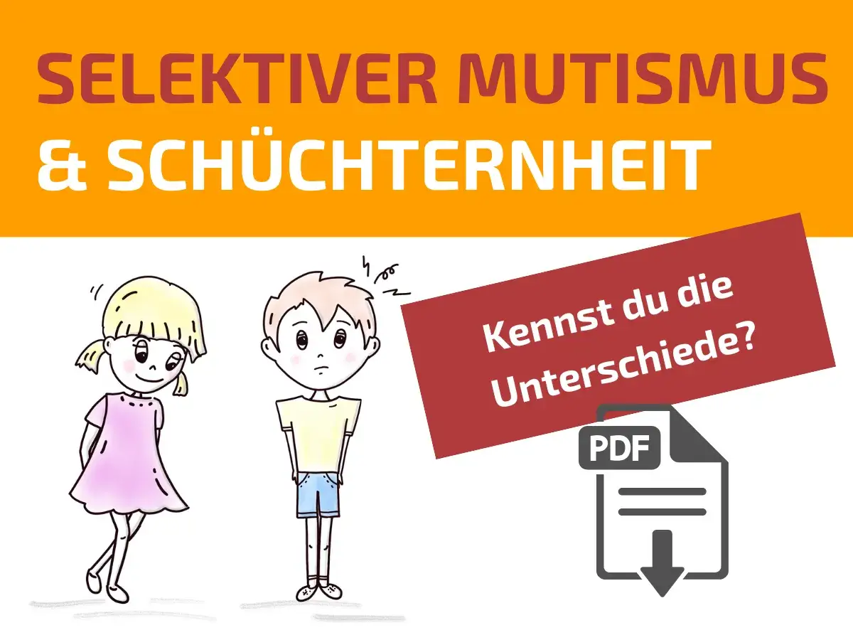 Zwei Kinder, ein M&auml;dchen und ein Junge, stehen nebeneinander. Der Junge wirkt unsicher, was auf selektiven Mutismus hindeuten k&ouml;nnte. Ein rotes Banner fragt: 