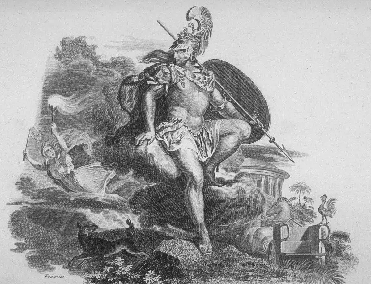 Ares, bóg wojny, w zbroi, z tarczą i włócznią, unosi się na chmurach. Obok niego biegnie pies, a w oddali widać rydwan i koguta.