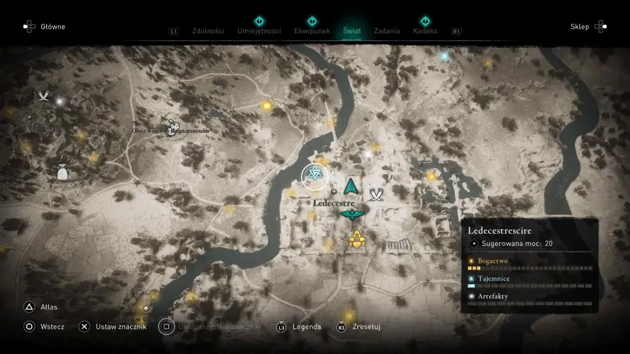Mapa z gry Assassin's Creed Valhalla, pokazuje region Ledecestre. Wskazuje na obóz wojenny Ragnarssonów i inne punkty.