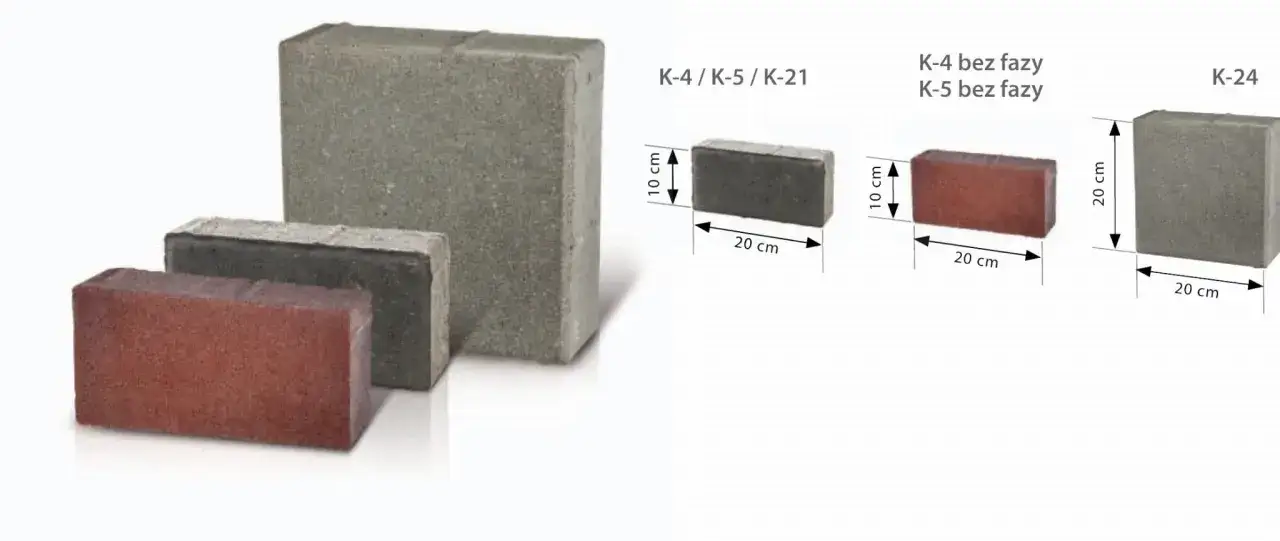 Różne kostki brukowe, w tym modele K-4, K-5, K-21 i K-24, z widocznymi wymiarami: 20x10 cm i 20x20 cm.