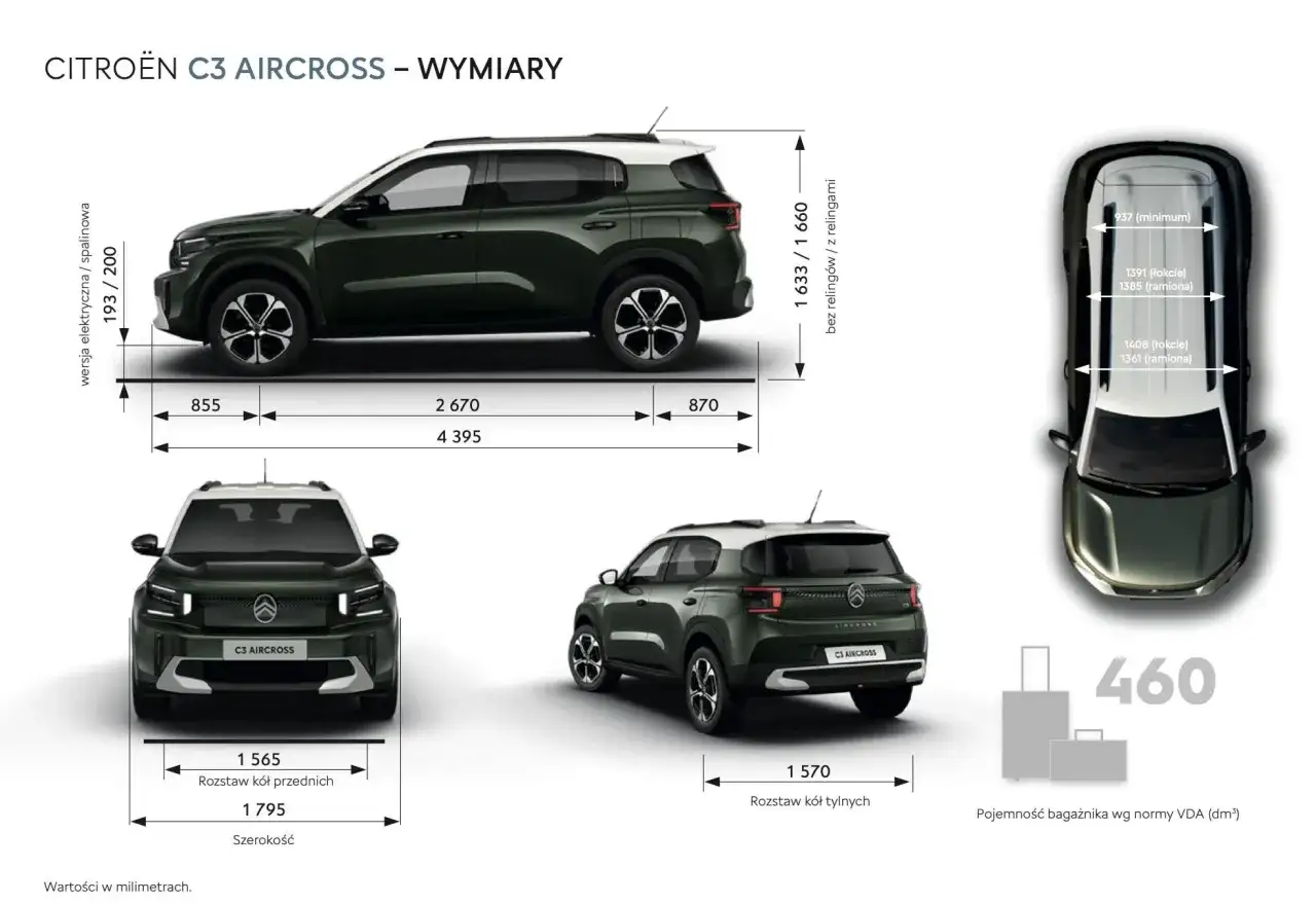 Citroën C3 Aircross wymiary: długość 4395 mm, szerokość 1795 mm, wysokość 1633/1660 mm. Rozstaw osi 2670 mm.