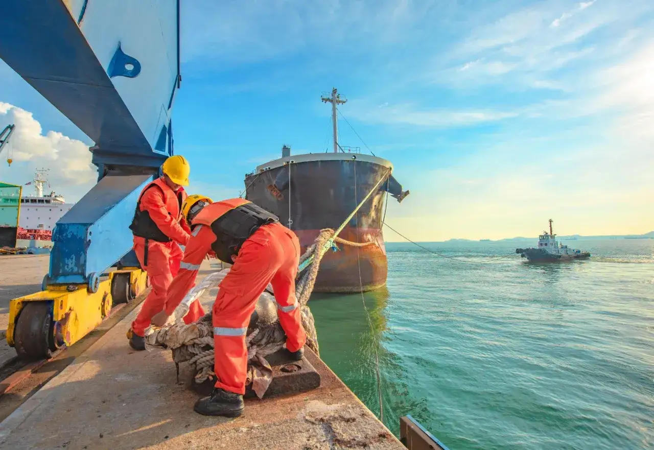 Arbeiter sichern ein Schiff am Kai. Ein Schlepper im Hintergrund. Dies ist ein Beispiel f&uuml;r die Arbeit, die die **International Maritime Organization** f&ouml;rdert.