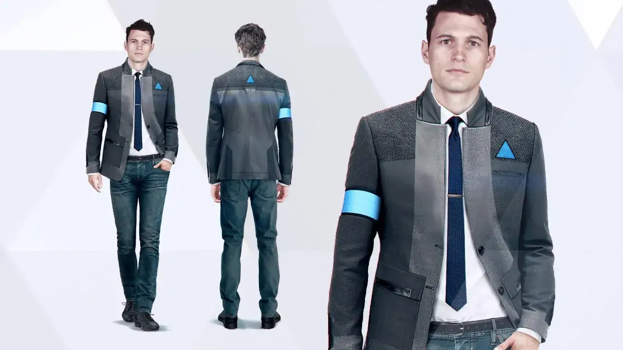 Connor, el androide de Detroit: Become Human 2, luce un traje gris con detalles futuristas y una banda azul en el brazo.