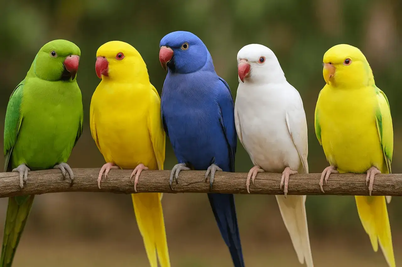 Cinque parrocchetti dal collare colori vivaci: verde, giallo, blu, bianco e di nuovo giallo, seduti su un ramo.