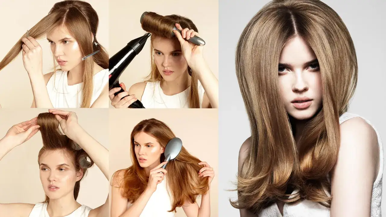 Schritt-f&uuml;r-Schritt-Anleitung f&uuml;r volumin&ouml;ses Blow-out-Haar: Str&auml;hnen abteilen, f&ouml;hnen, mit Rollen formen und b&uuml;rsten f&uuml;r perfekten Glanz.