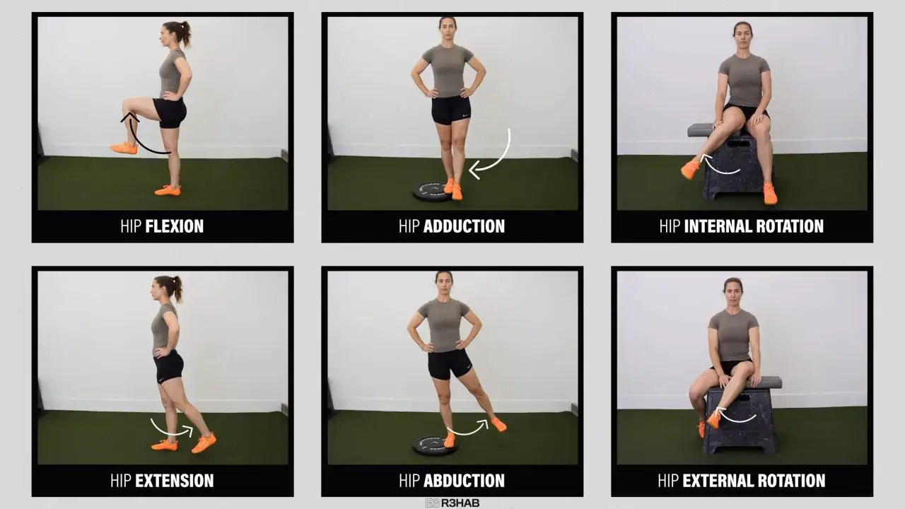 Exercices de mobilité de la hanche : flexion, extension, abduction, rotation interne/externe. Utile pour l'étirement pubalgie.